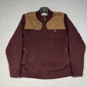 Duluth Trading Sweater Mens Large Red Shetland Wool Windproof Zip Suede Trim